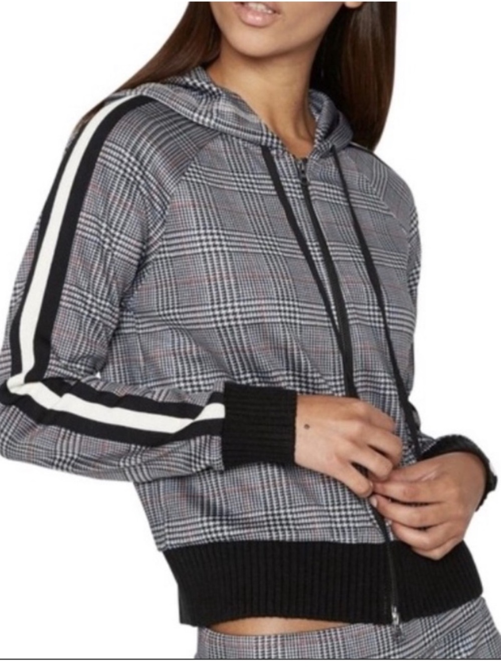Pam & Gela Glen Plaid Cropped Hooded Track Jacket Womens L